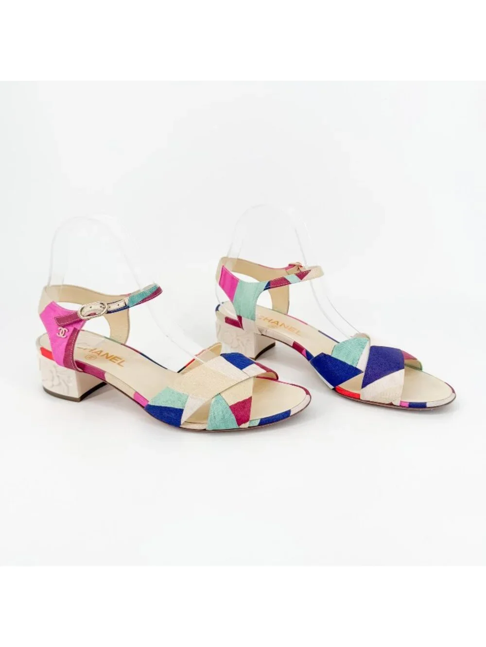 Chanel CC Patchwork Canvas Flower Block Heel Sandals Size 40 US 9-9.5 Multicolor